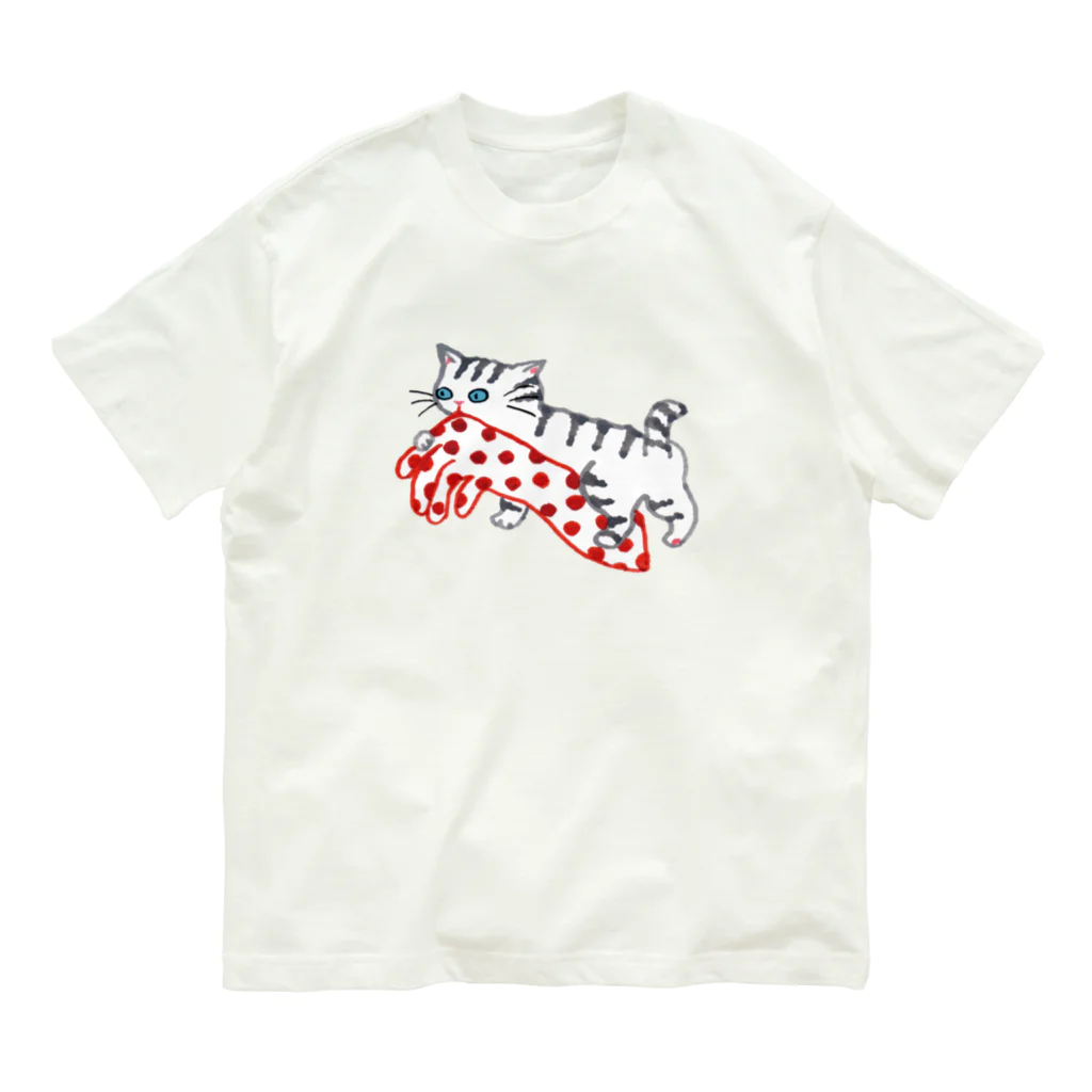 マイマイタケの水玉手袋とねこ Organic Cotton T-Shirt