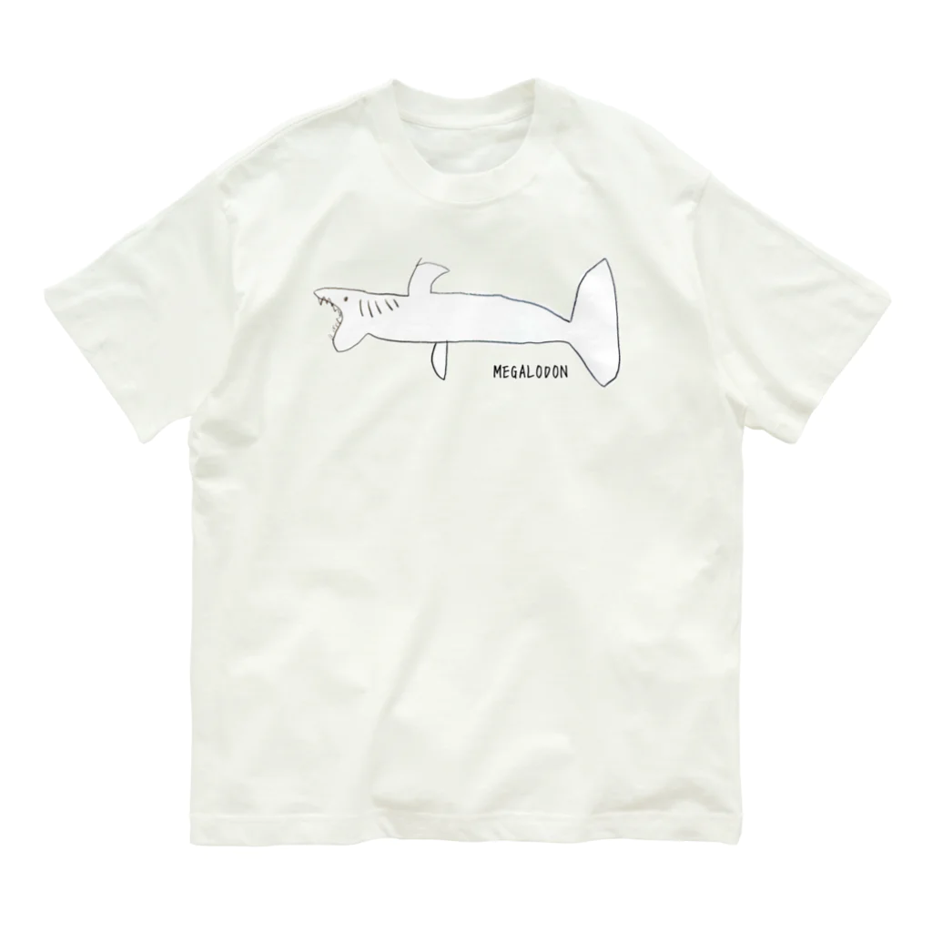 水色プリントの巨大ザメ・メガロドン！ オーガニックコットンTシャツ