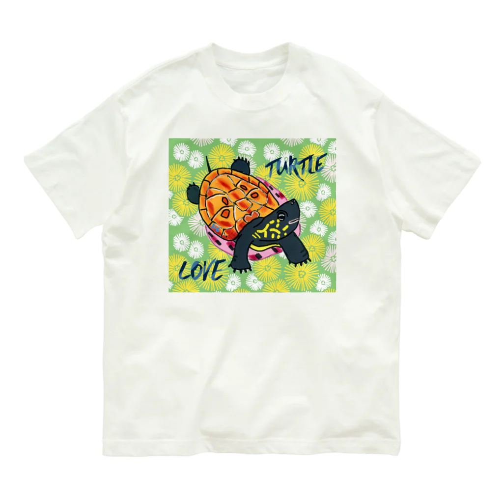 316(MIHIRO)の子亀のクサガメちゃん カラフル オーガニックコットンTシャツ