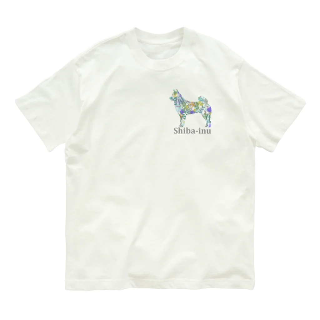 AtelierBoopのボタニカル　柴犬 オーガニックコットンTシャツ