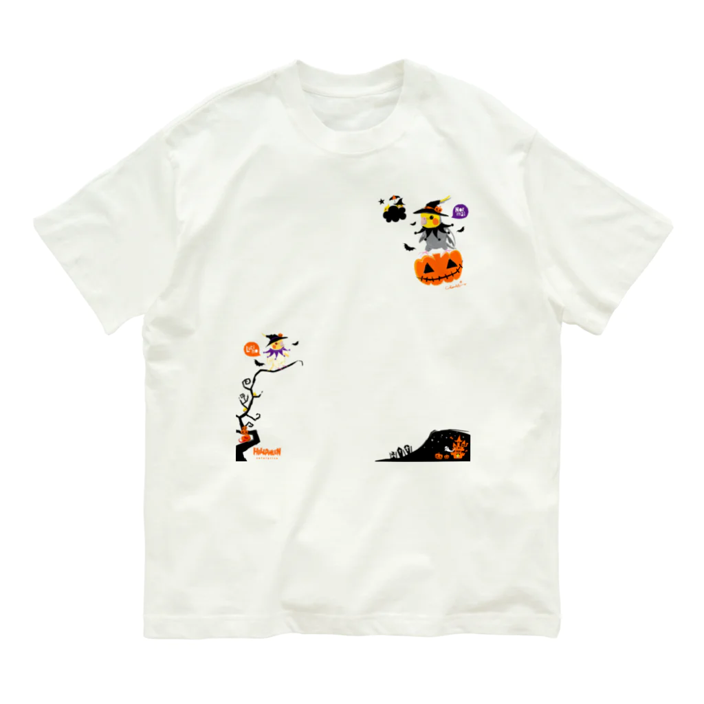 LittleLoroのFlying Pumpkin オカメインコのハロウィン 大きめワンポイント系 0461 オーガニックコットンTシャツ