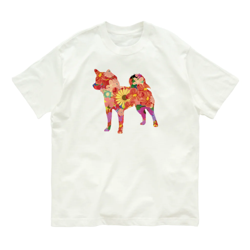 chicodeza by suzuriの可愛い花々柴犬 オーガニックコットンTシャツ