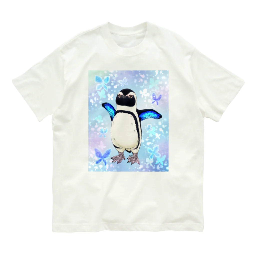 ヤママユ(ヤママユ・ペンギイナ)のケープペンギン「ちょうちょ追っかけてたの」(Blue) Organic Cotton T-Shirt