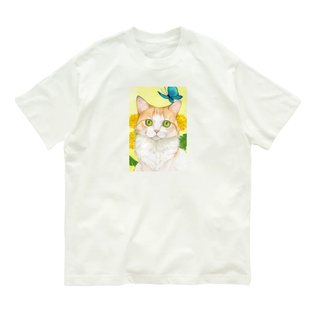 Miaws Shopのタンポポと白茶猫 オーガニックコットンTシャツ