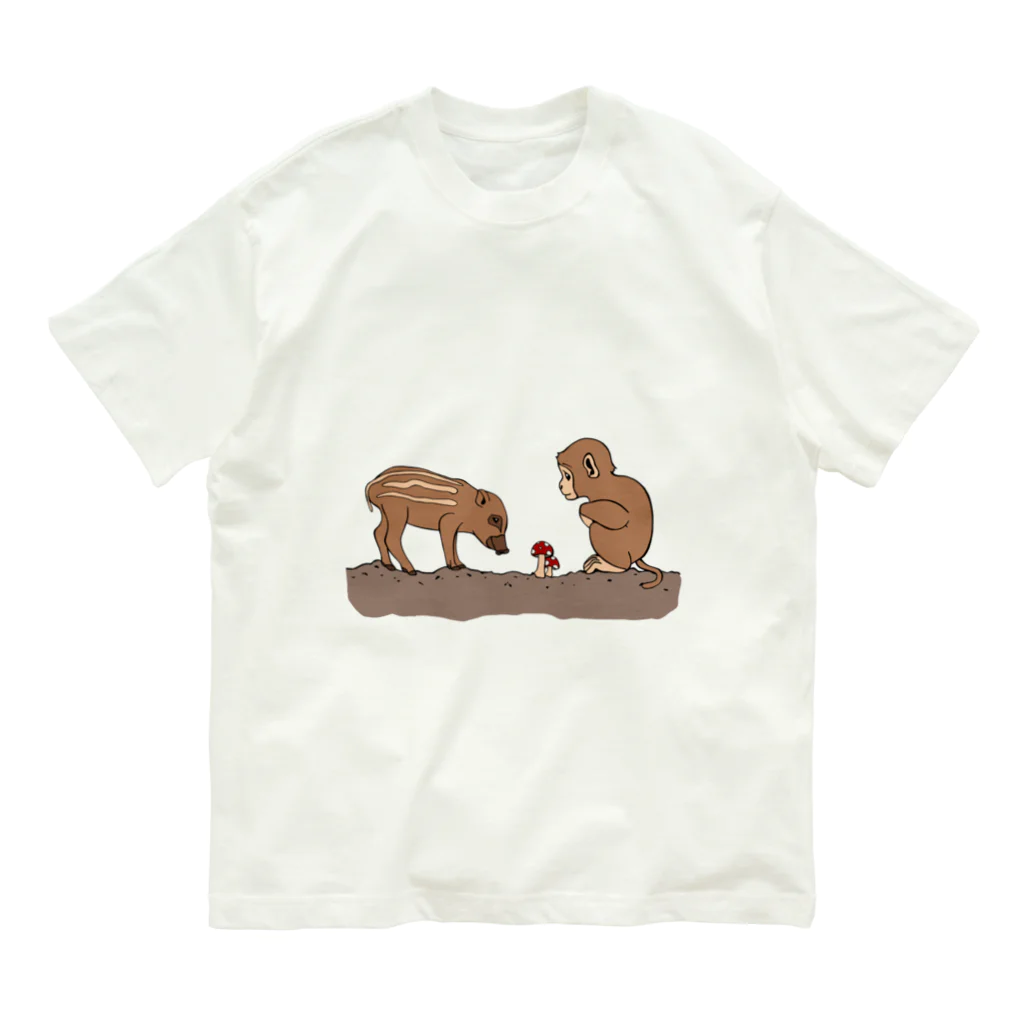 prunelleの小猿と瓜坊ときのこ オーガニックコットンTシャツ