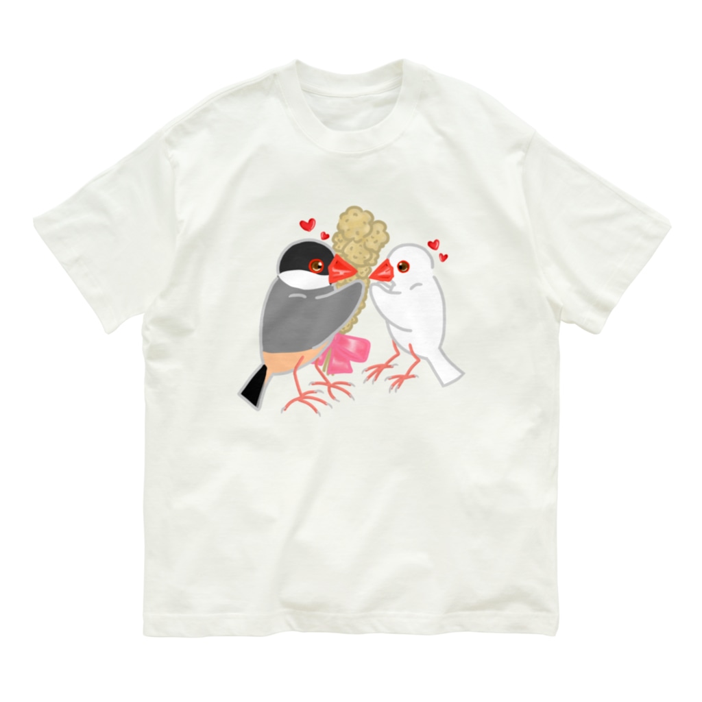 Lily bird（リリーバード）の粟穂をプレゼント 桜&白文鳥 Organic Cotton T-Shirt