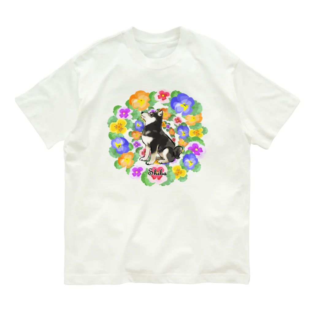 犬グッズの店しえるぶるーのパンジーのリース　黒柴 Organic Cotton T-Shirt