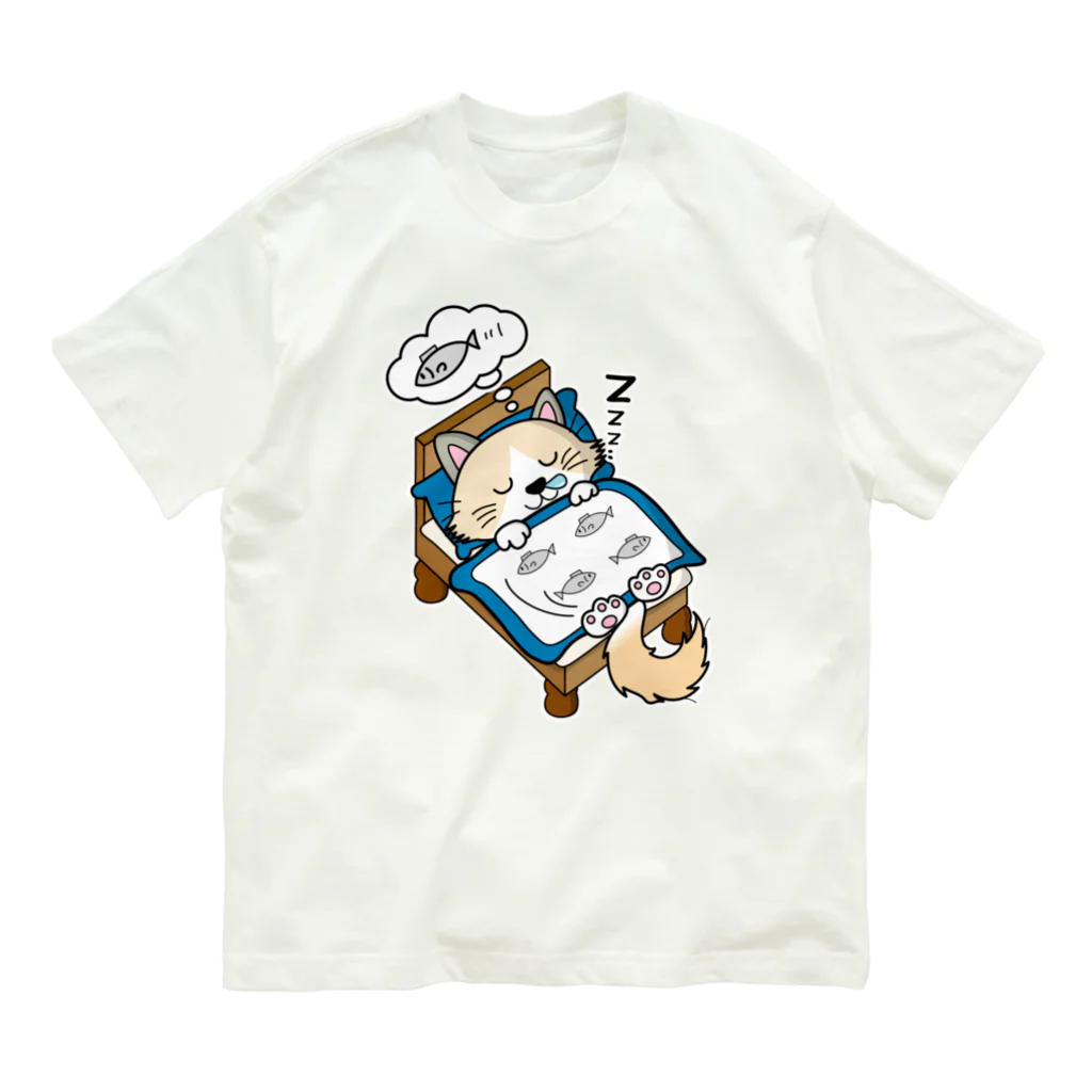 茶々の猫グッズのベッドで寝る猫(ラグドール男の子レッド) オーガニックコットンTシャツ