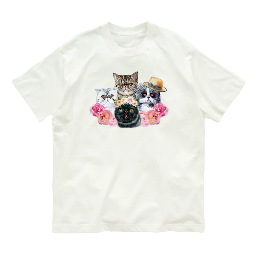 SANKAKU DESIGN STOREの仲良し！ぺちゃかわ猫ちゃんたちのバカンス。 Organic Cotton T-Shirt