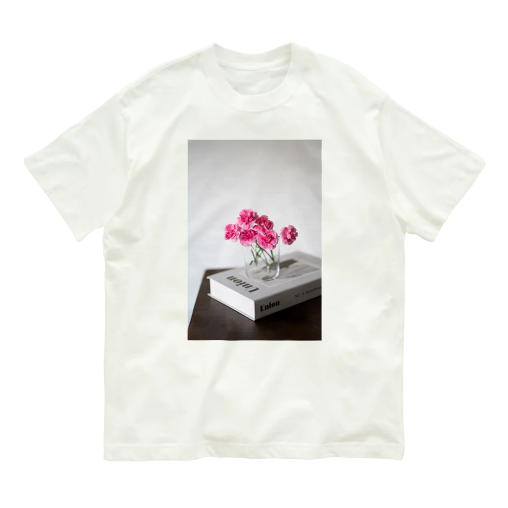 写真プリントのピンクの花 オーガニックコットンTシャツ