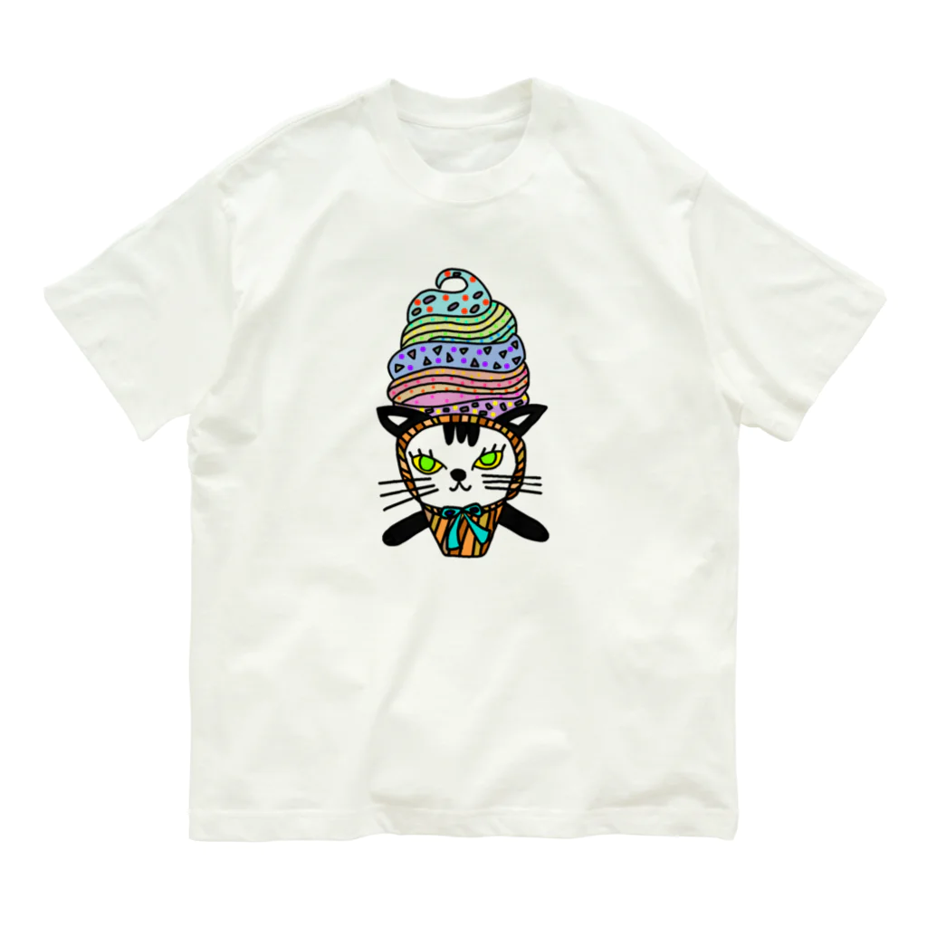 CREAMY YODAのソフトクリーム白黒ネコ オーガニックコットンTシャツ