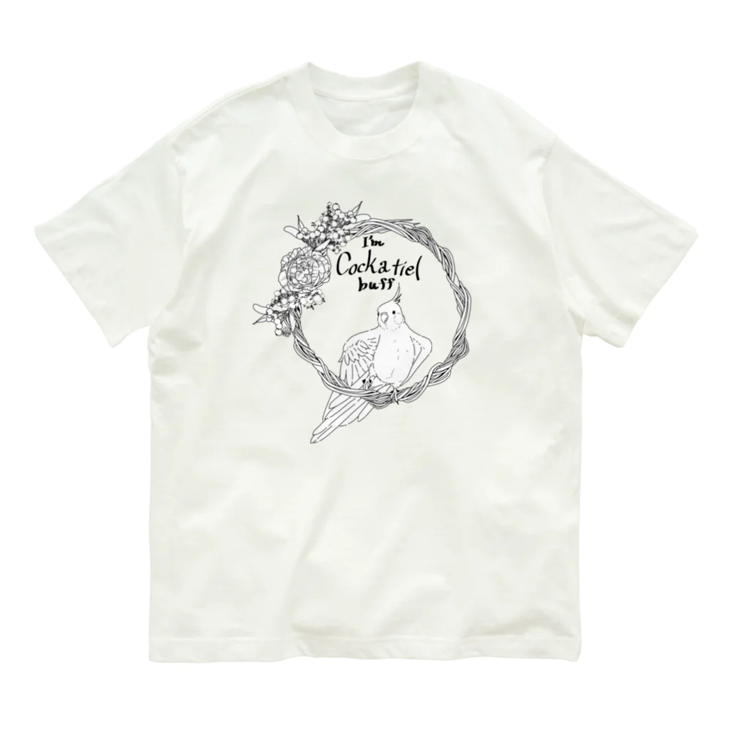 Cube屋のオカメインコ/リース/モノクロ オーガニックコットンTシャツ