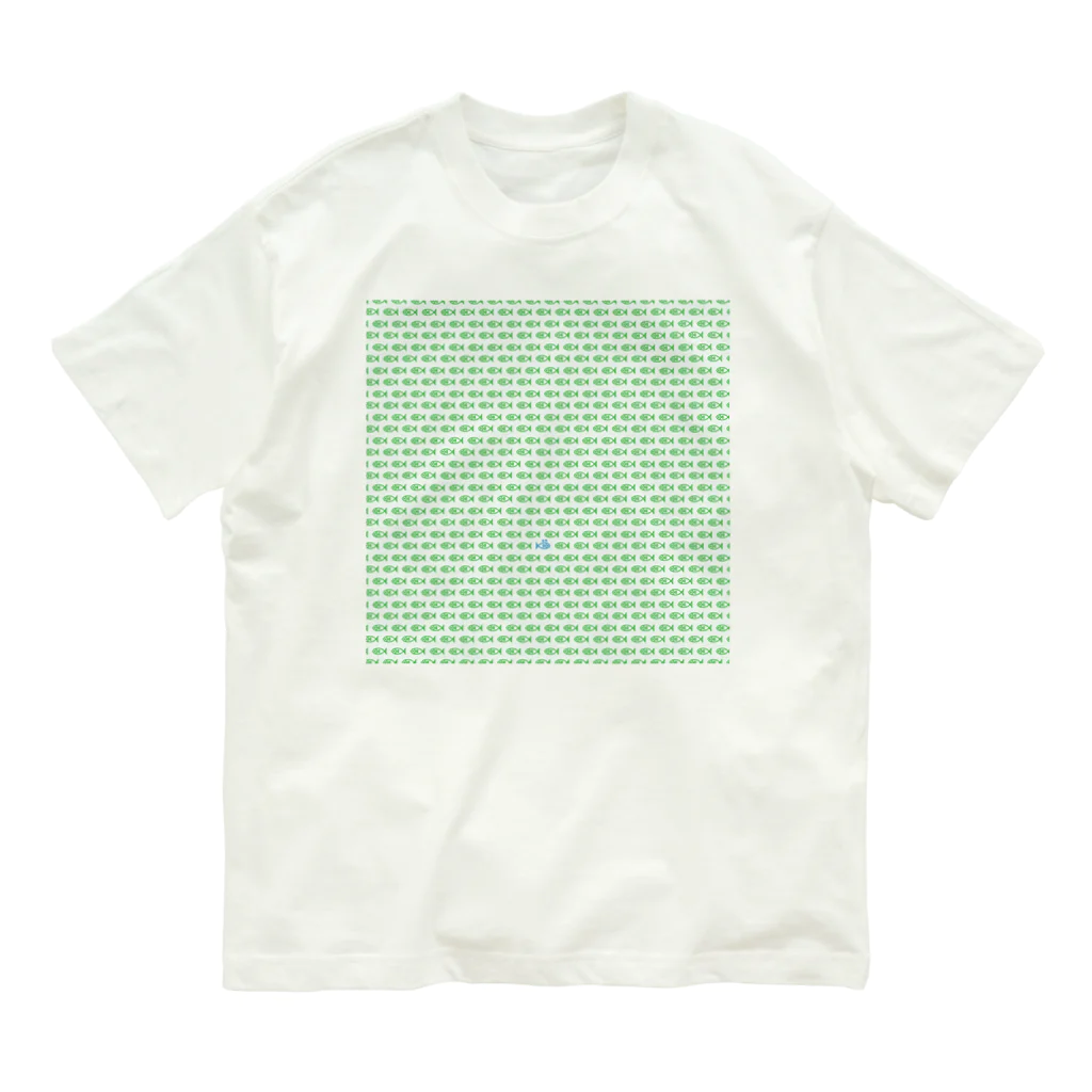 ヨープキャンが気になったの魚玉模様 グリーン オーガニックコットンTシャツ