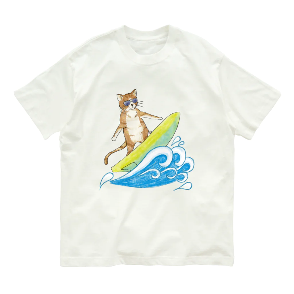 水色気分の猫のサーフィン(水彩ver.) オーガニックコットンTシャツ