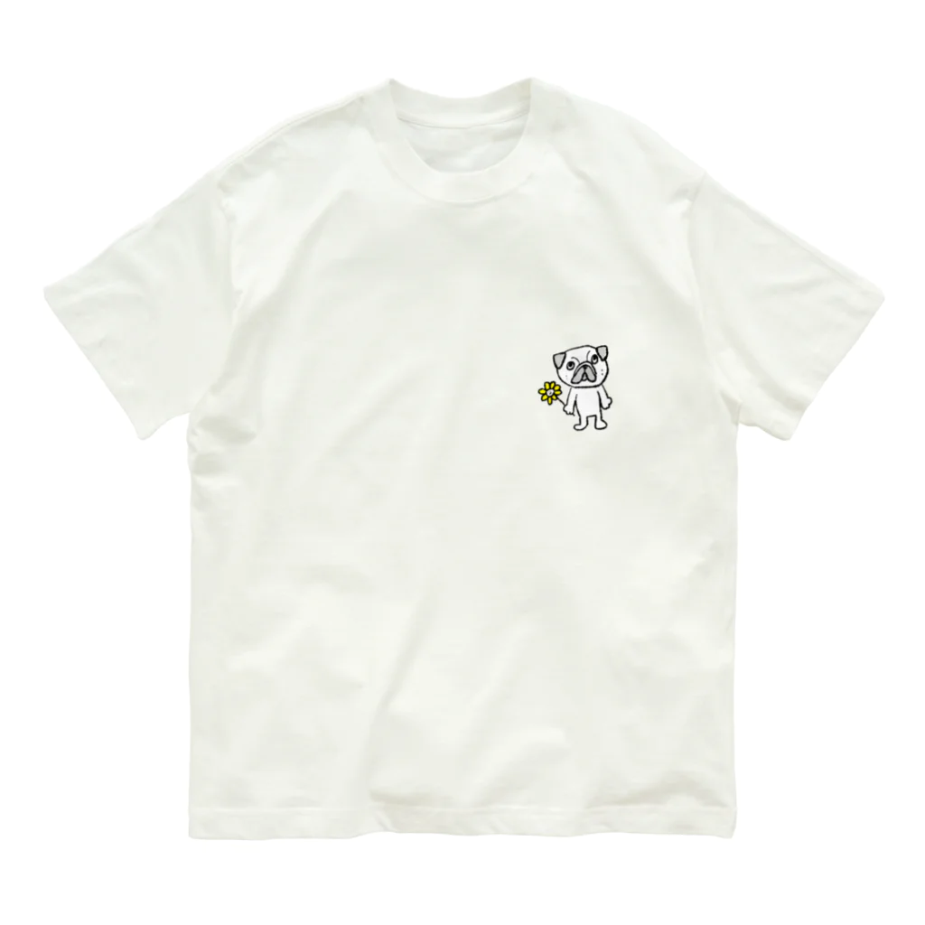 nobuyan_shopの花とパグ　ワンポイント オーガニックコットンTシャツ