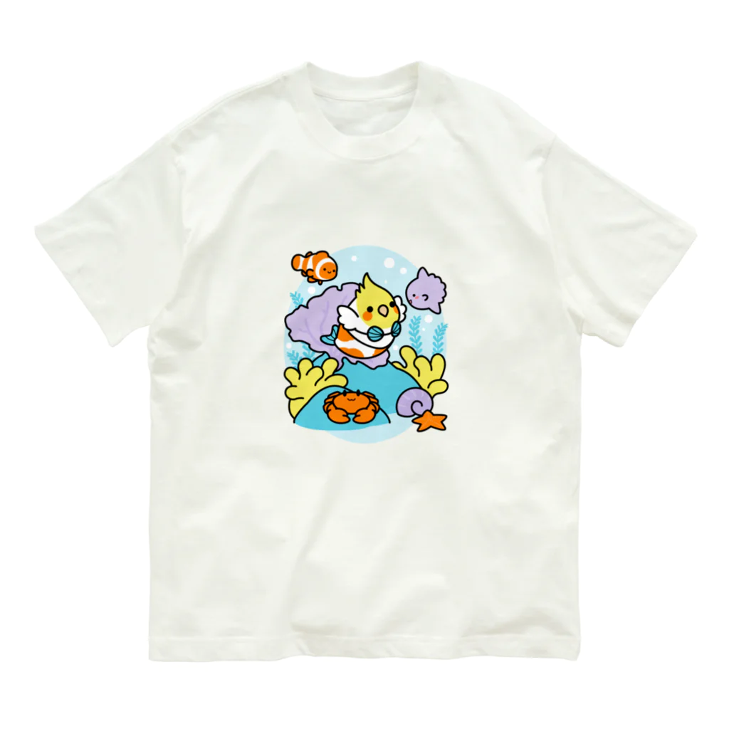 Cody the LovebirdのChubby Bird サンゴ礁を守ろう！　オカメインコと海のお友達 オーガニックコットンTシャツ