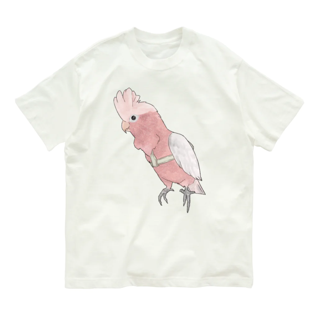 まめるりはことりのご機嫌モモイロインコちゃん【まめるりはことり】 オーガニックコットンTシャツ