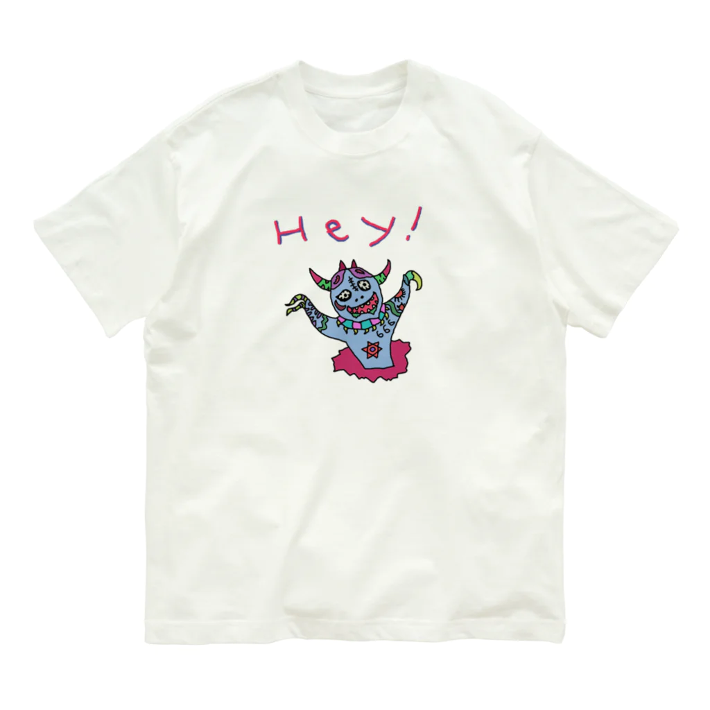 ガイコツの犬のHey！ オーガニックコットンTシャツ