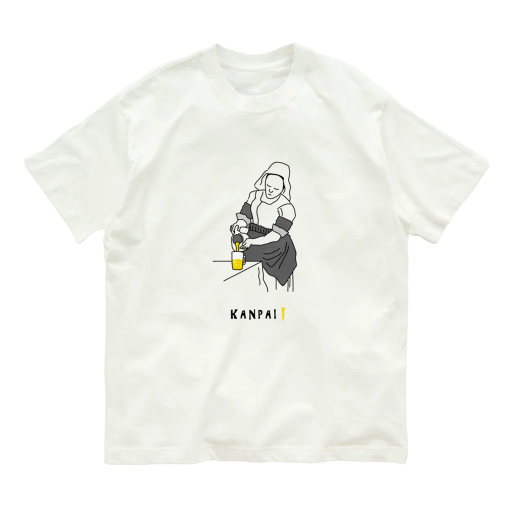 ビールとアート TM-3 Designの名画 × BEER（牛乳を注ぐ女）黒線画 Organic Cotton T-Shirt