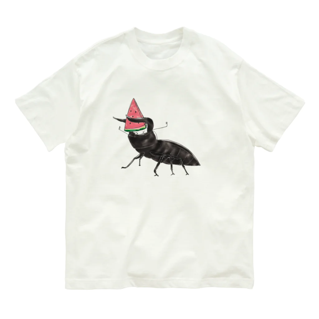 Drecome_Designのゆるいクワガタ&スイカ Organic Cotton T-Shirt