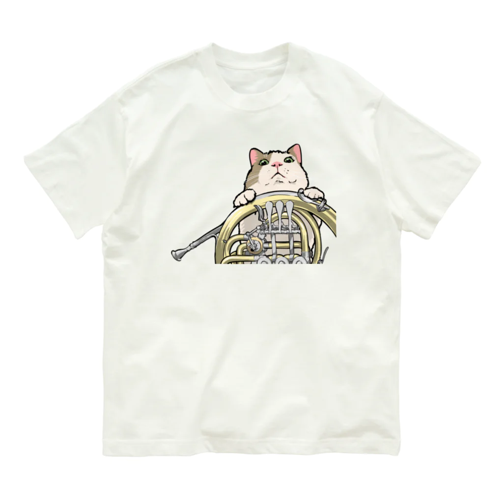 ももねこ工房（　◜◡‾）のホルンからのぞくネコ オーガニックコットンTシャツ