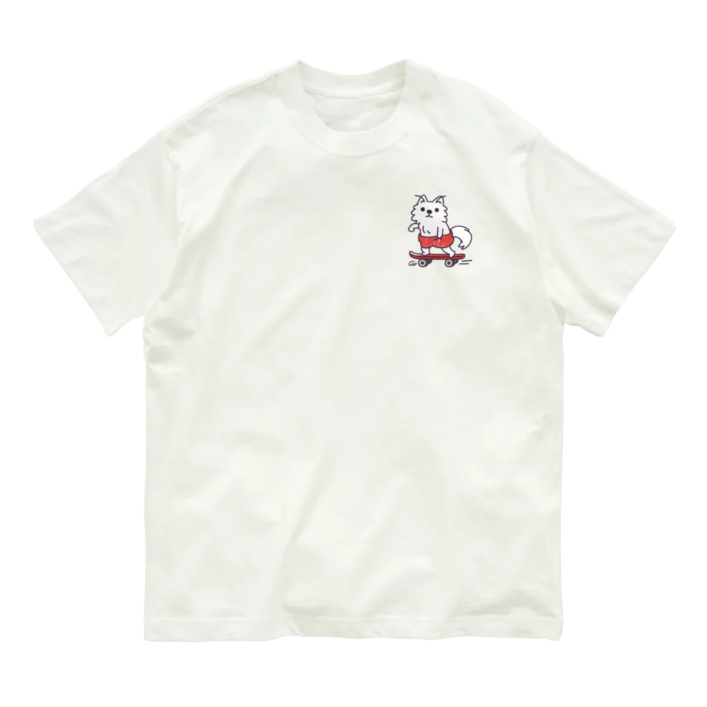 イラスト MONYAAT のワンポイント 赤ぱんポメラのスケボー オーガニックコットンTシャツ