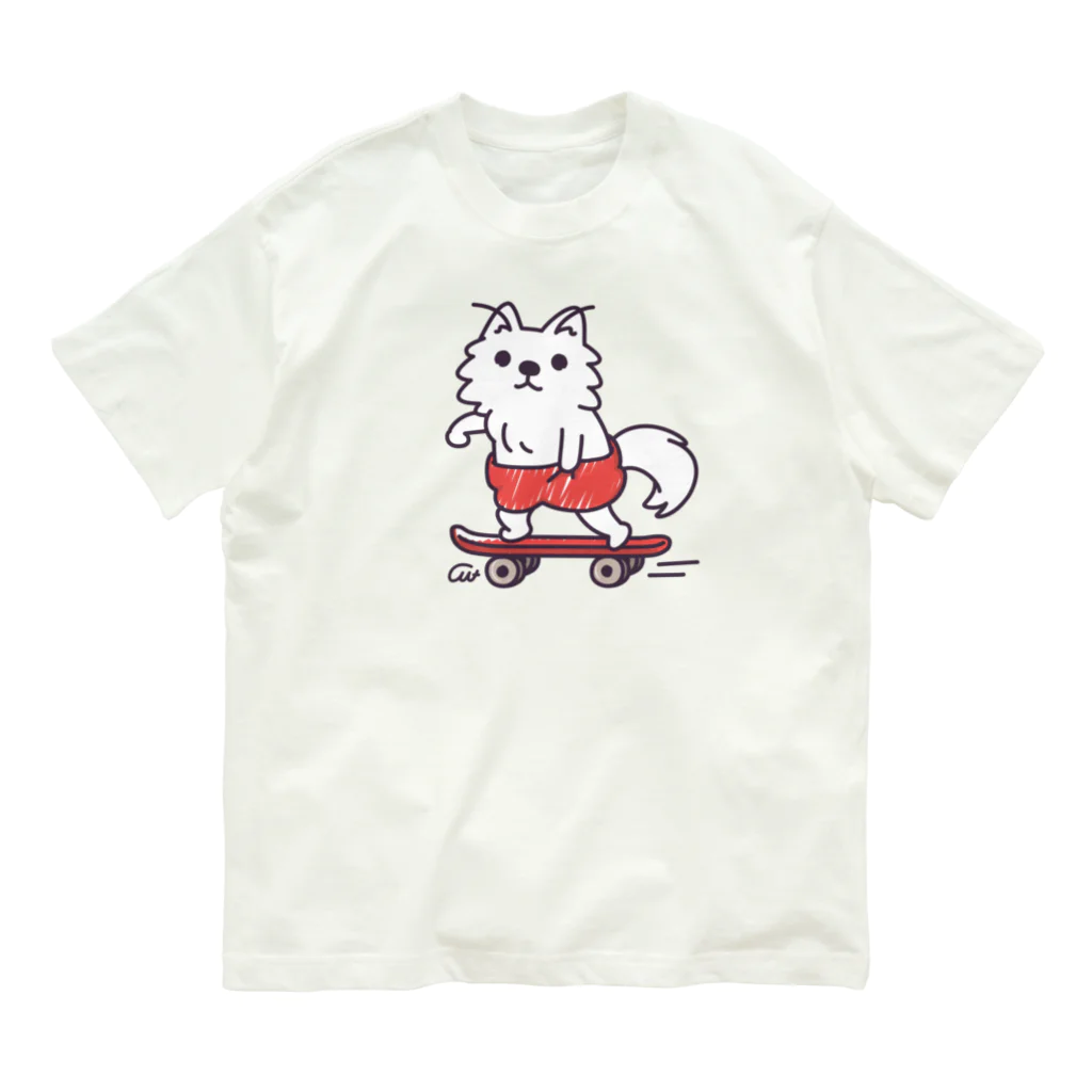 イラスト MONYAAT の赤ぱんポメラのスケボー オーガニックコットンTシャツ