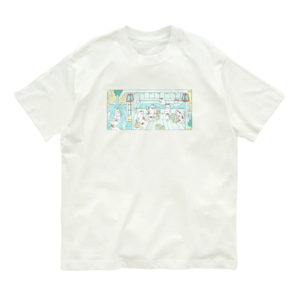 温泉グッズ@ブーさんとキリンの生活の猫の温泉（カラー） オーガニックコットンTシャツ