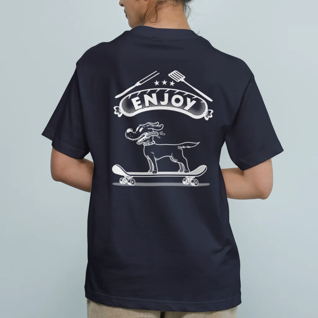 nidan-illustrationのhappy dog -ENJOY- (wite ink) Organic Cotton T-Shirt