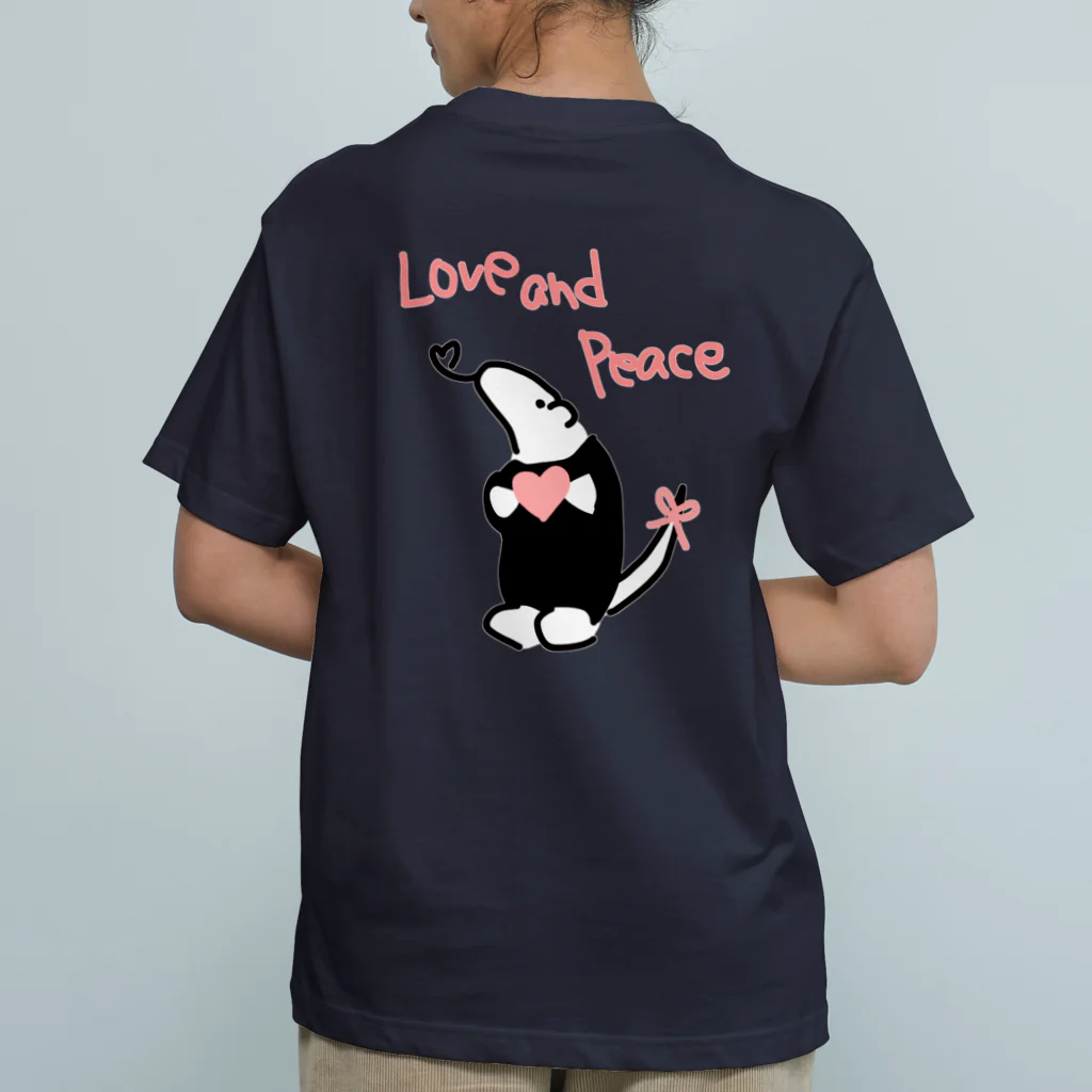 ミナミコアリクイ【のの】の【バックプリント】Love and Peace オーガニックコットンTシャツ