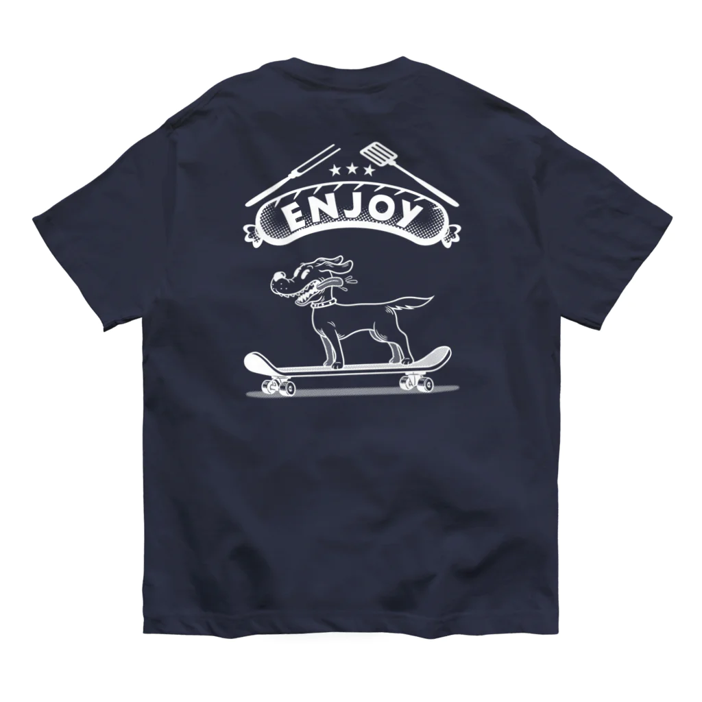 nidan-illustrationのhappy dog -ENJOY- (wite ink) Organic Cotton T-Shirt