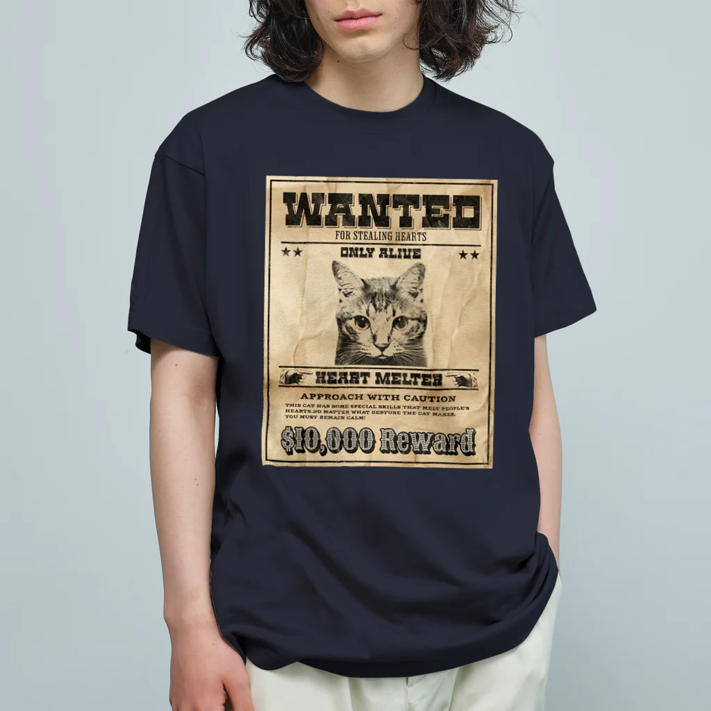 野良猫は星空の夢を見るのWANTED ハート泥棒（舌をだす猫） オーガニックコットンTシャツ