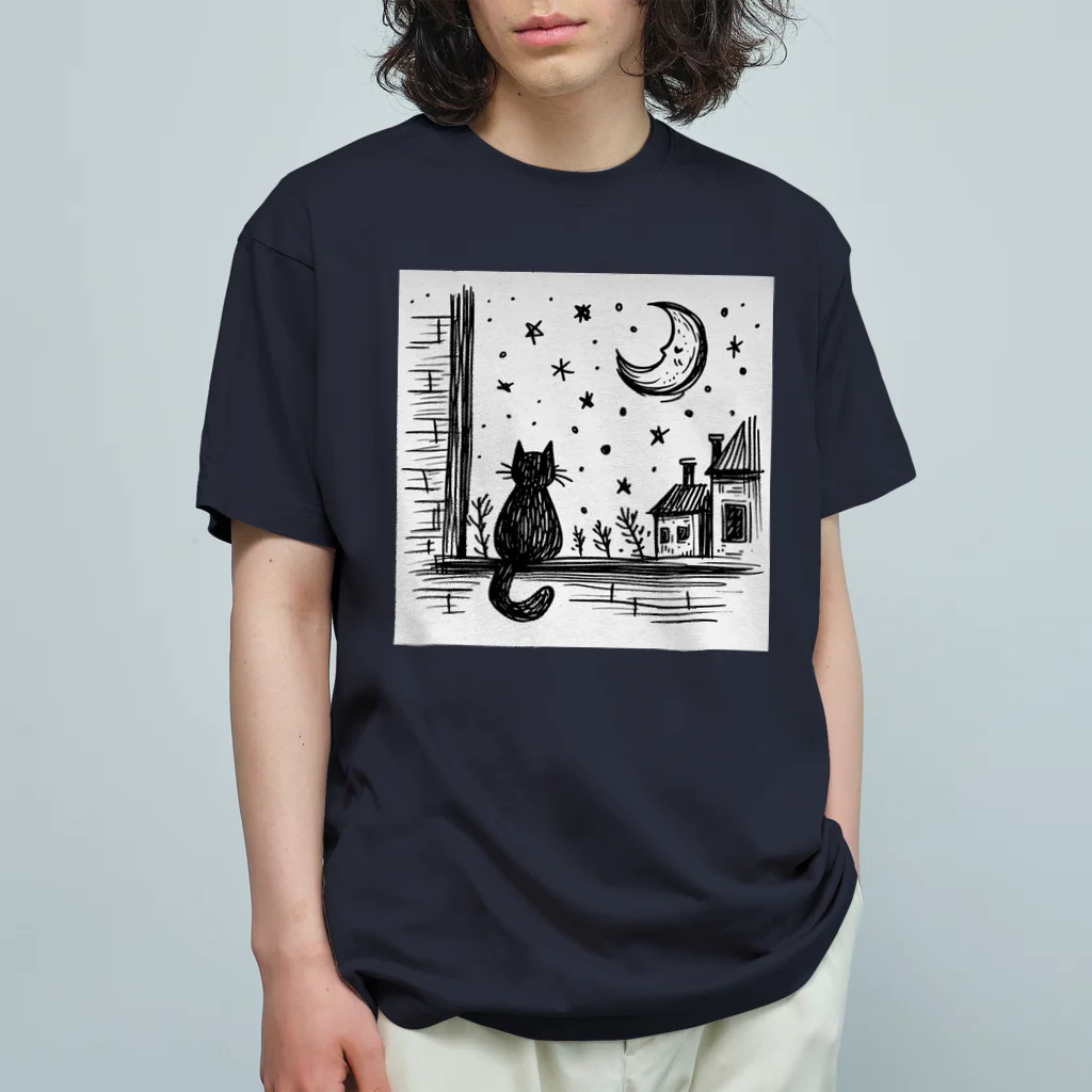 キキの夜空を眺める黒猫 Organic Cotton T-Shirt