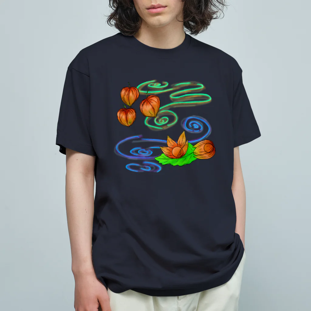 Lily bird（リリーバード）のホオズキ 水紋背景（和柄） オーガニックコットンTシャツ