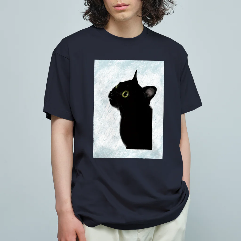 WAMI ARTの雨を見る黒猫 オーガニックコットンTシャツ