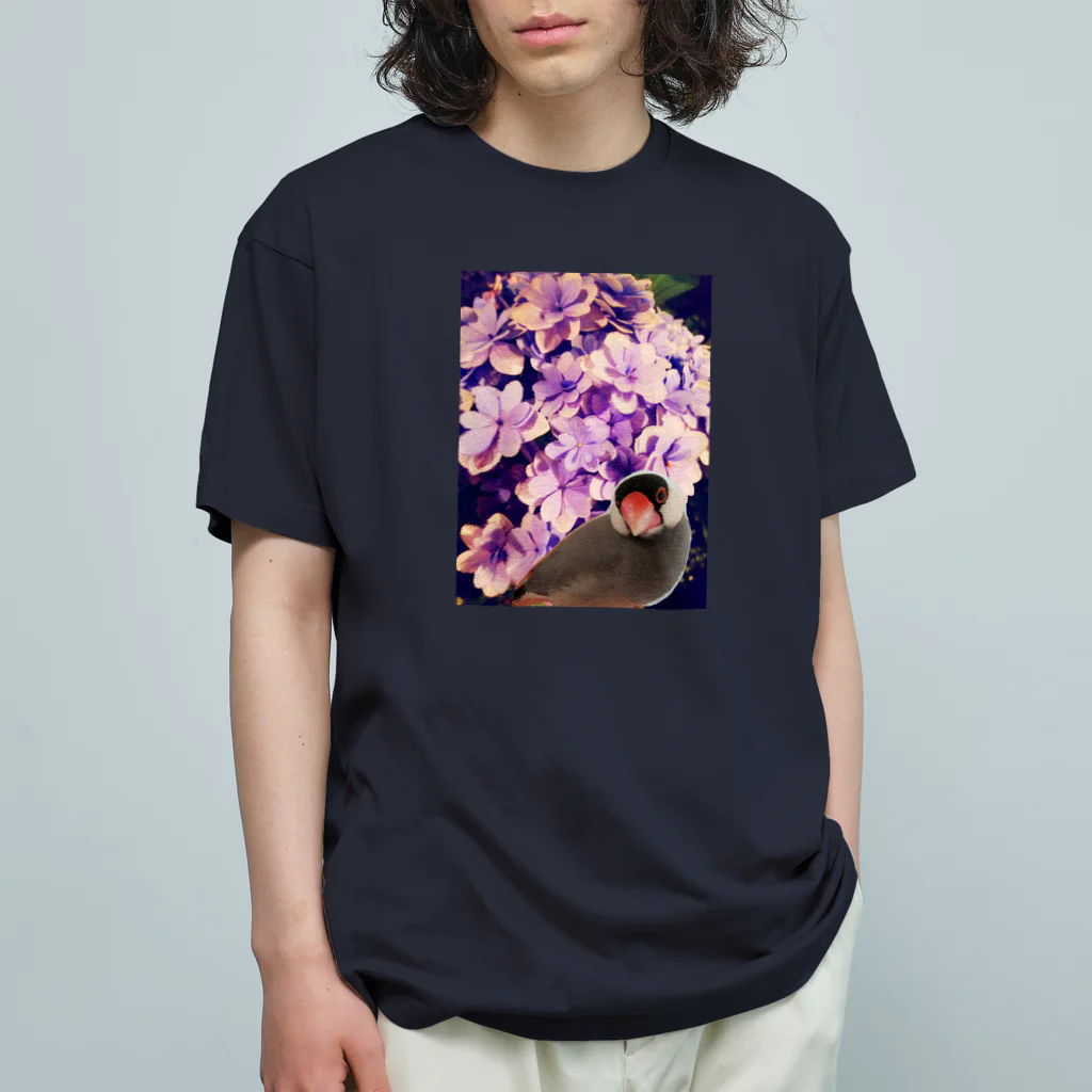 harupink🌸ペット似顔絵illustのノスタルジーな紫陽花と文鳥さん オーガニックコットンTシャツ