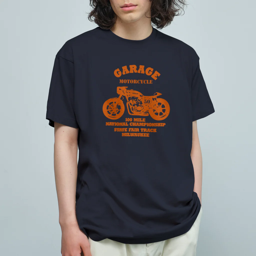 キッズモード某の武骨なバイクデザイン orange オーガニックコットンTシャツ