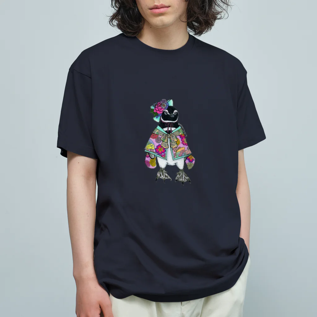 ヤママユ(ヤママユ・ペンギイナ)の着物ぺんぎんー花まつりのマゼラン娘ー オーガニックコットンTシャツ