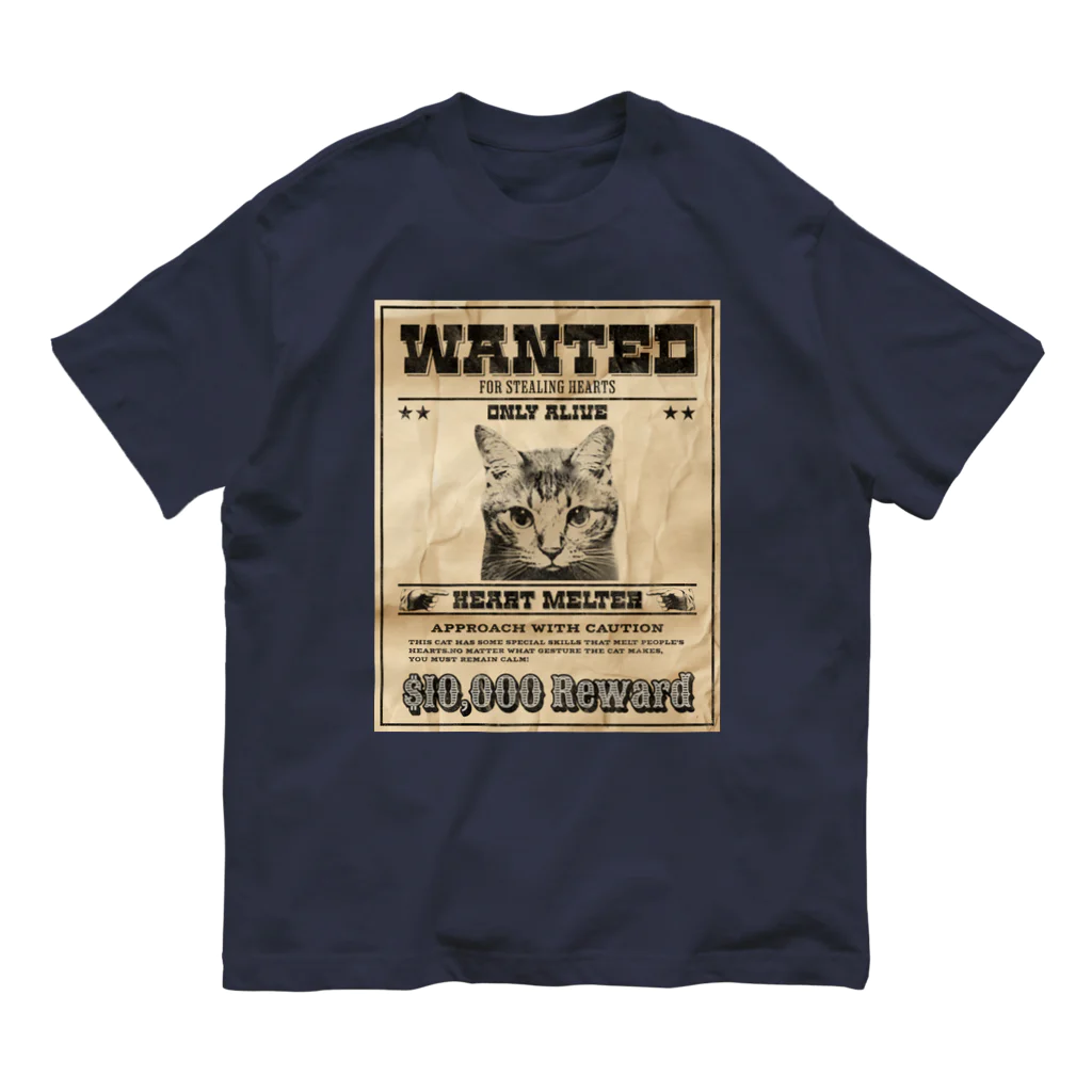 野良猫は星空の夢を見るのWANTED ハート泥棒（舌をだす猫） オーガニックコットンTシャツ