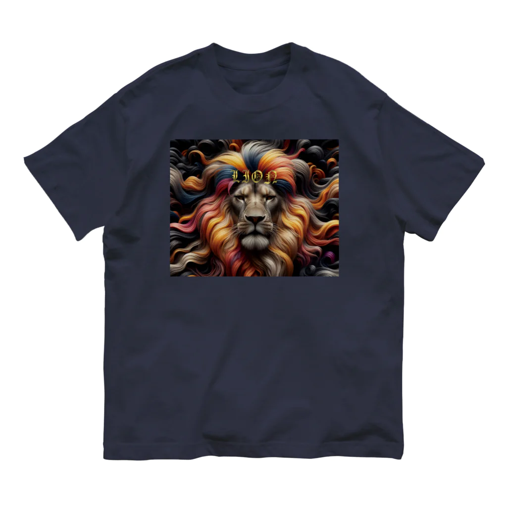 PALA's SHOP　cool、シュール、古風、和風、のLION　face２ オーガニックコットンTシャツ