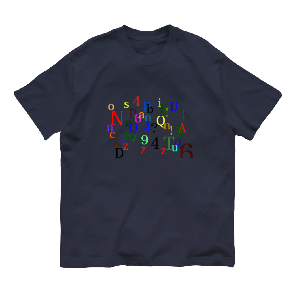 ヒラエイのアルファベットと数字の洪水 オーガニックコットンTシャツ