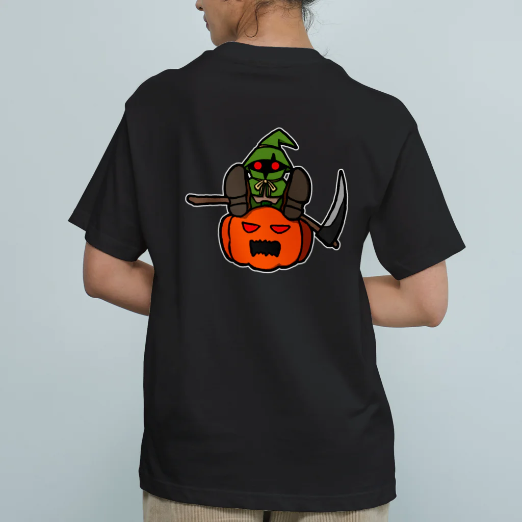 ナチュラルサトシのめへのスケアクロウとジャック・オー・ランタン（バックプリント） オーガニックコットンTシャツ