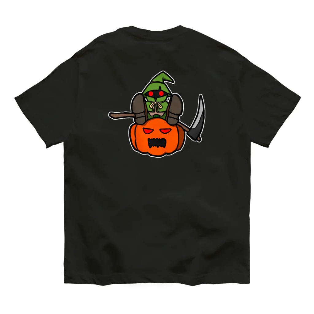 ナチュラルサトシのめへのスケアクロウとジャック・オー・ランタン（バックプリント） オーガニックコットンTシャツ