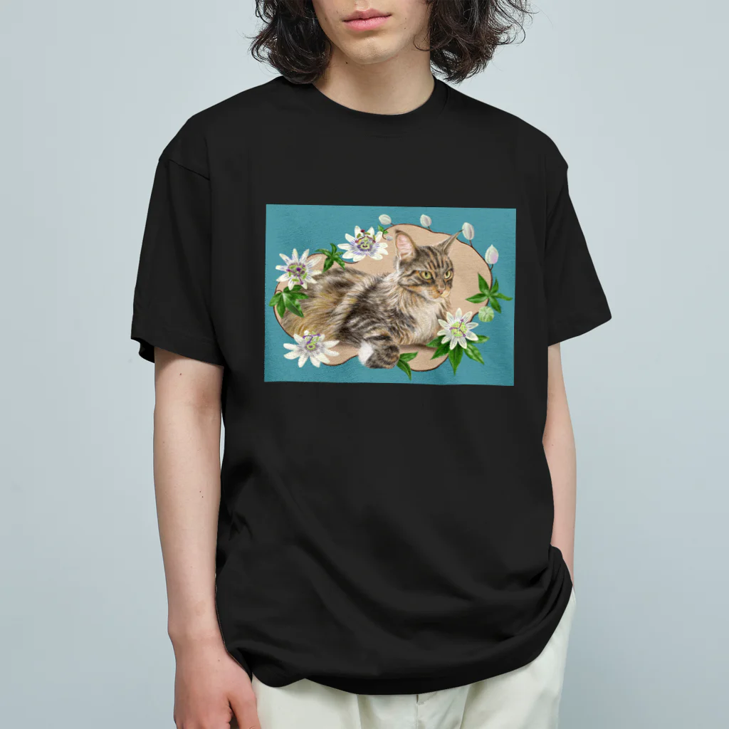 Ａｔｅｌｉｅｒ　Ｈｅｕｒｅｕｘの🌼花と猫😸　トケイソウ オーガニックコットンTシャツ