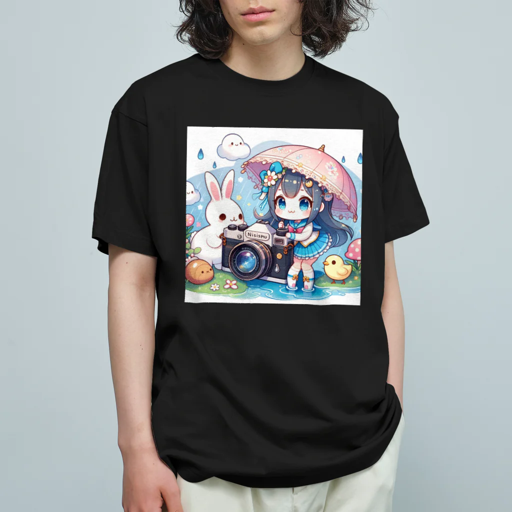 かるるんショップのカメラと傘とうさ耳少女とシリーズ　撮影 オーガニックコットンTシャツ