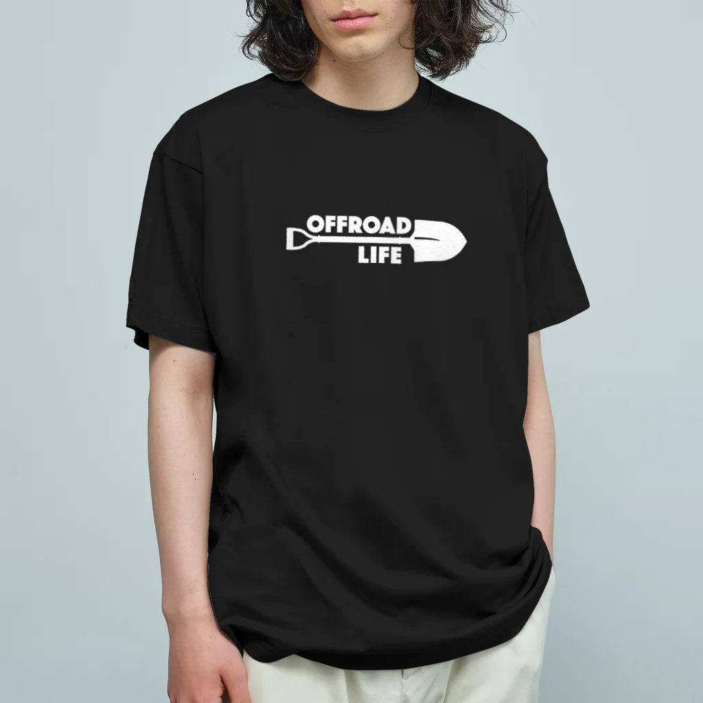 QUQU_WORKSのオフロードライフ スコップデザイン クロカン ホワイト オーガニックコットンTシャツ