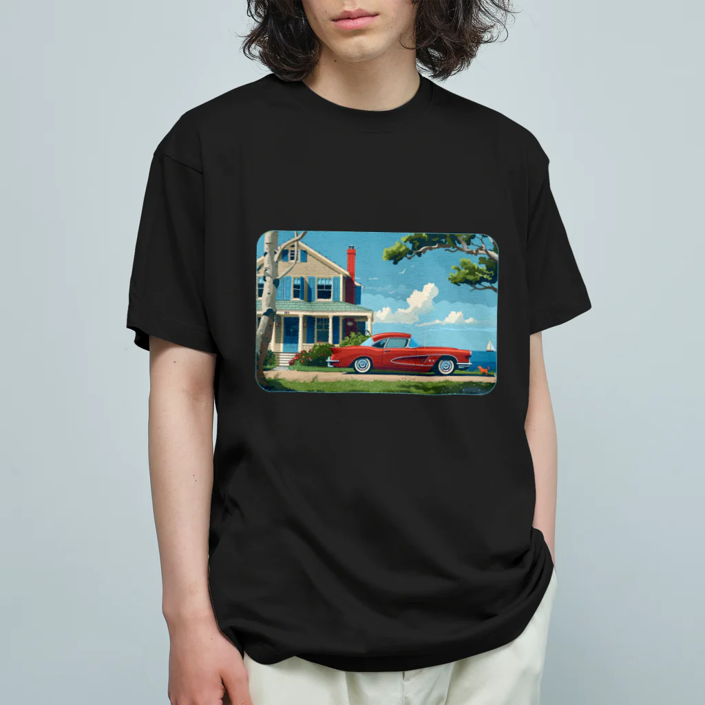 MistyStarkの赤いコルベットと海辺の家　－　red corvette and seaside house　－ オーガニックコットンTシャツ