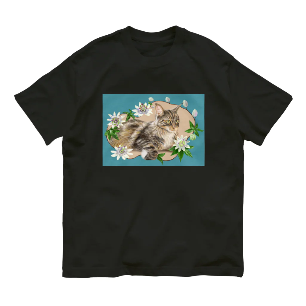 Ａｔｅｌｉｅｒ　Ｈｅｕｒｅｕｘの🌼花と猫😸　トケイソウ オーガニックコットンTシャツ