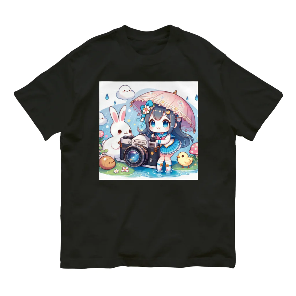 かるるんショップのカメラと傘とうさ耳少女とシリーズ　撮影 オーガニックコットンTシャツ