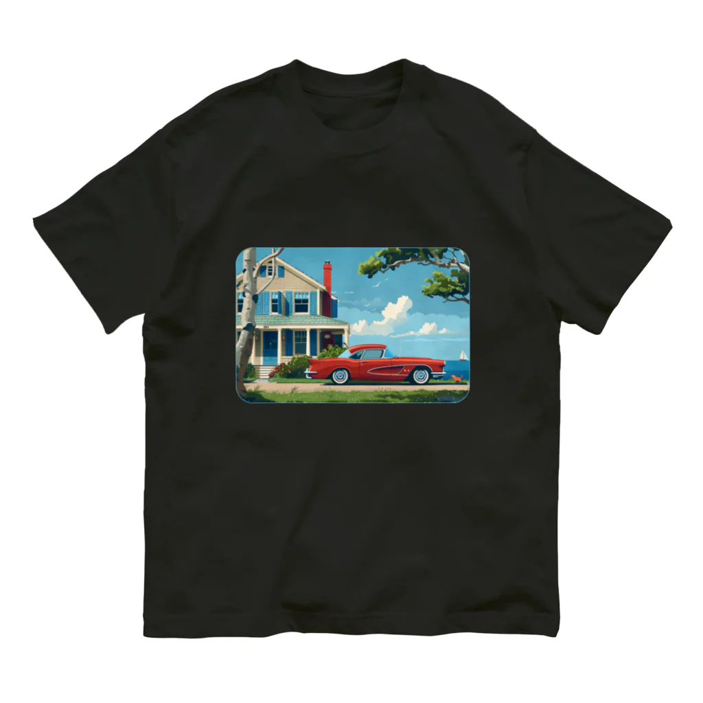 MistyStarkの赤いコルベットと海辺の家　－　red corvette and seaside house　－ オーガニックコットンTシャツ